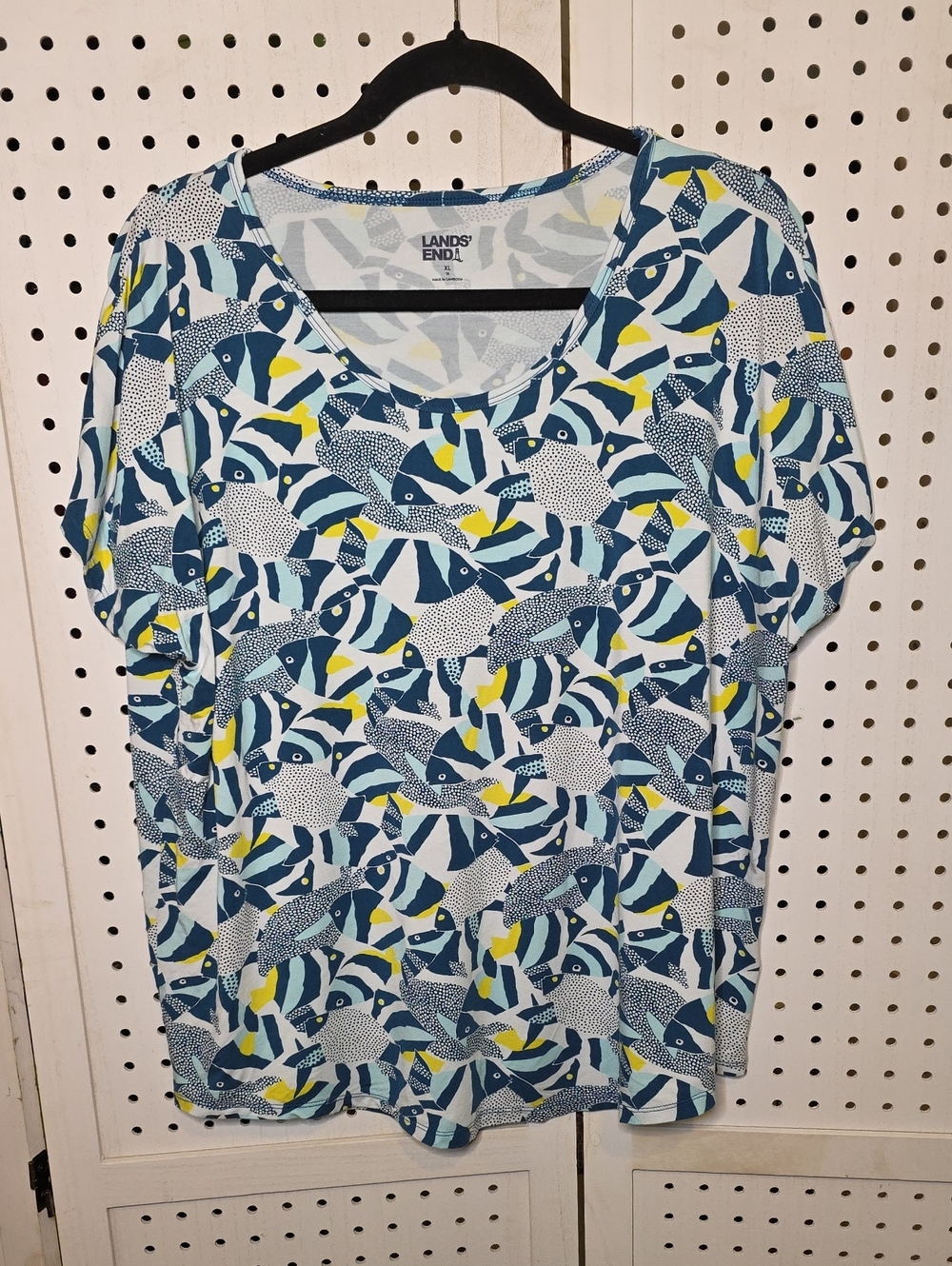 Lands' End Women’s Blue Patterned Short Sleeve Top XL 18 Fish